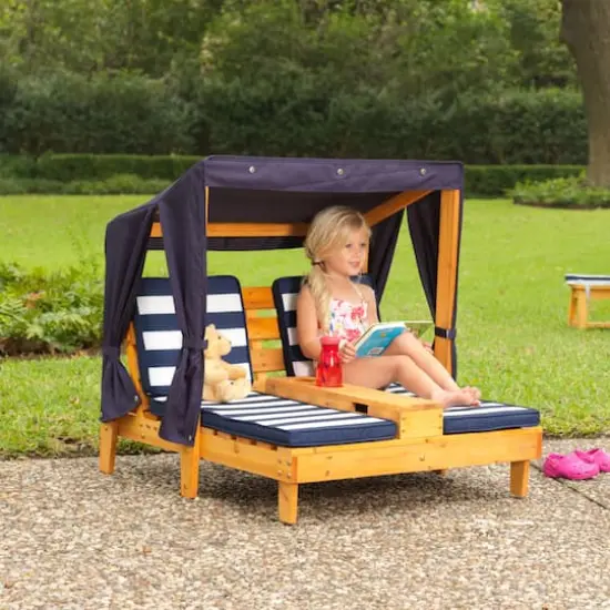 KidKraft Double Chaise Lounge with Cup Holders, Honey & Navy {5}
