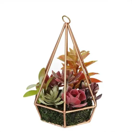 9" Artificial Succulent Arrangement In 6 Sided Copper Wire Frame {1}