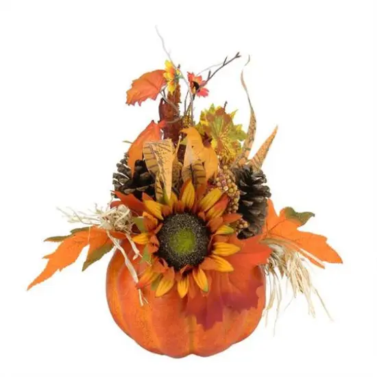 10" Autumn Harvest Artificial Pumpkin with Mixed Fall Leaves, Mums and Pine Cones Decoration {1}