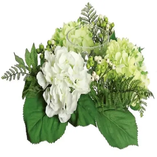 16" Cream White & Green Artificial Hydrangea & Berry Hurricane Glass Candle Holder {1}