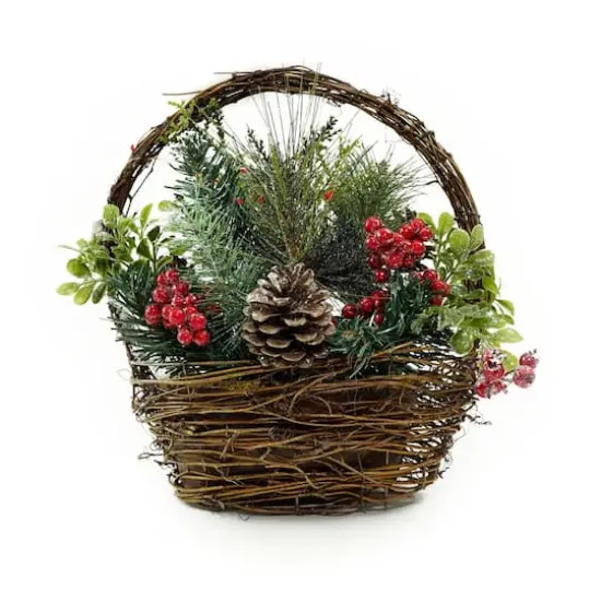 12" Red Cardinal with Foliage in Twig Basket Decoration {1}