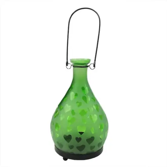 Frosted Hearts Glass Bottle Tea Light Candle Lantern Green {1}