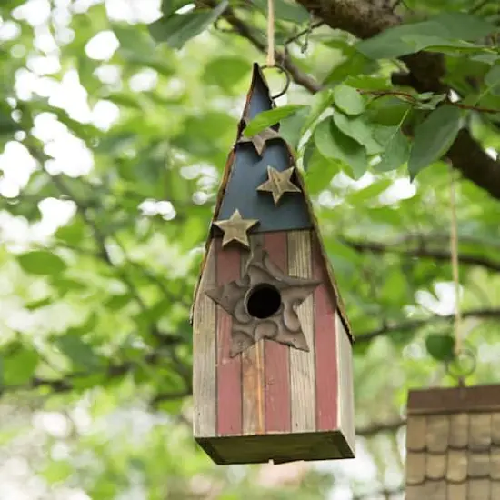 Glitzhome&reg; Distressed Wood & Metal Patriotic Bird House with Stars {3}