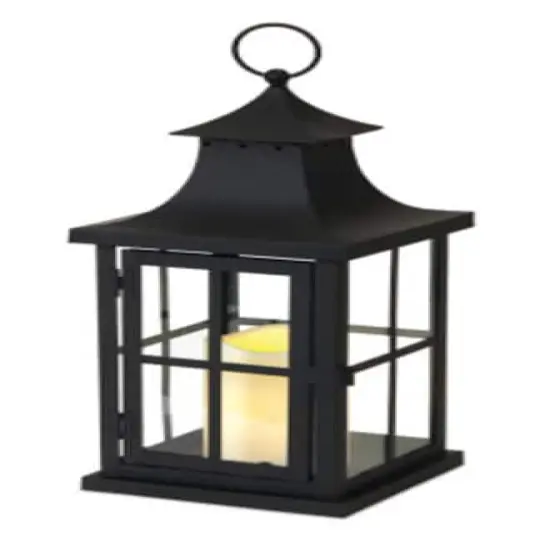 14" Asian Iron Lantern with LED Pillar Candle, Black {4}