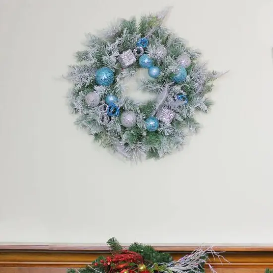 24" Blue & Silver Sequin Ornaments Artificial Flocked Pine Wreath {4}