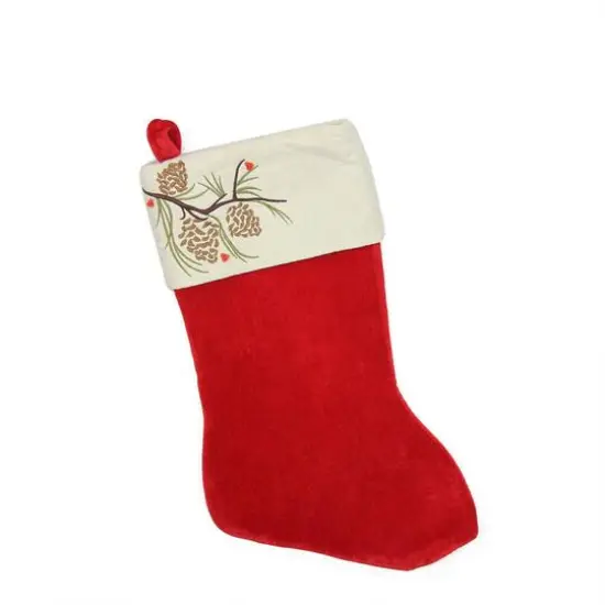 19" Pine Cone Embroidered Suede Cuff Stocking, Red {1}