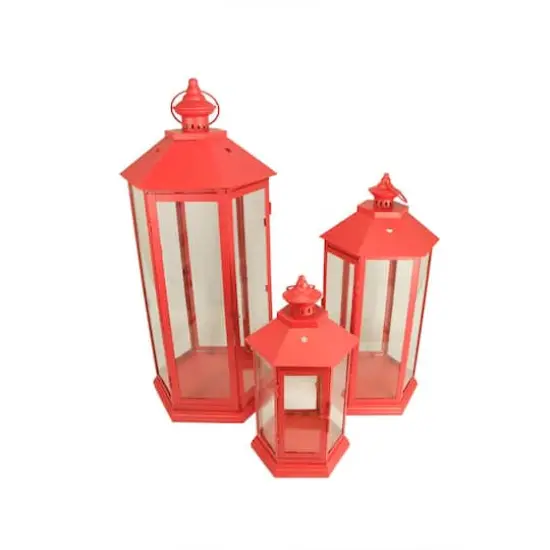 Red Traditional Style Candle Holder Lantern Set, 14.75"-27" {1}