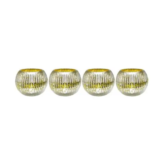 3.25" Yellow & Silver Ribbed Round Mercury Glass Votive Candle Holders, Set Of 4 {1}