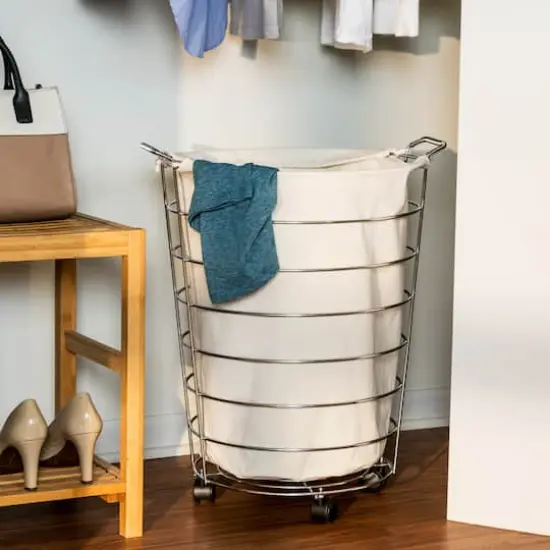 Honey Can Do 25" Chrome & White Rolling Hamper {4}
