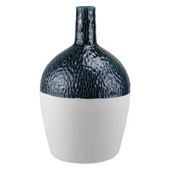 12" Botanic Beauty Wavy Ceramic Earthenware Vase, Dark Teal & White {1}
