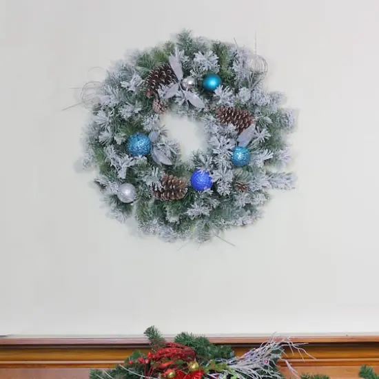 24" Teal & Silver Ball Flocked with Pinecones Artificial Wreath {4}