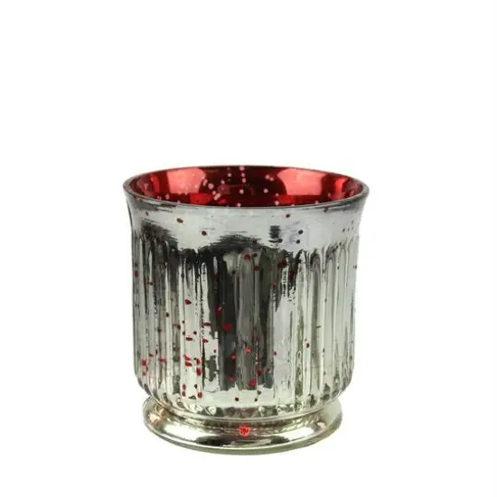3.25" Red & Silver Ribbed Mercury Glass Votive Candle Holders, Set Of 4 {1}