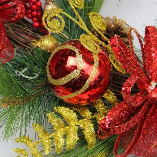 28" Unlit Red Ornament & Gold Glittered Teardrop Swag {3}