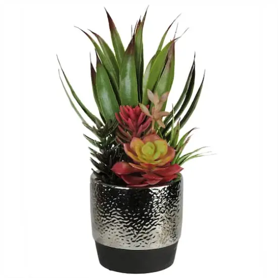 15" Artificial Succulents & Agave in Silver Ceramic Pot {1}