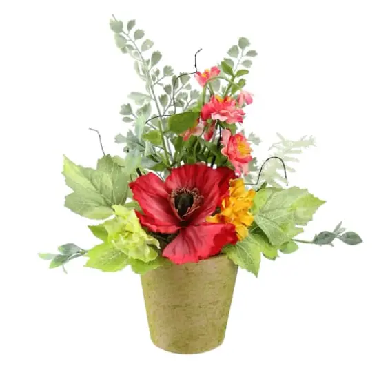 12" Red Poppy & Orange Artificial Wildflower Potted Arrangement {1}