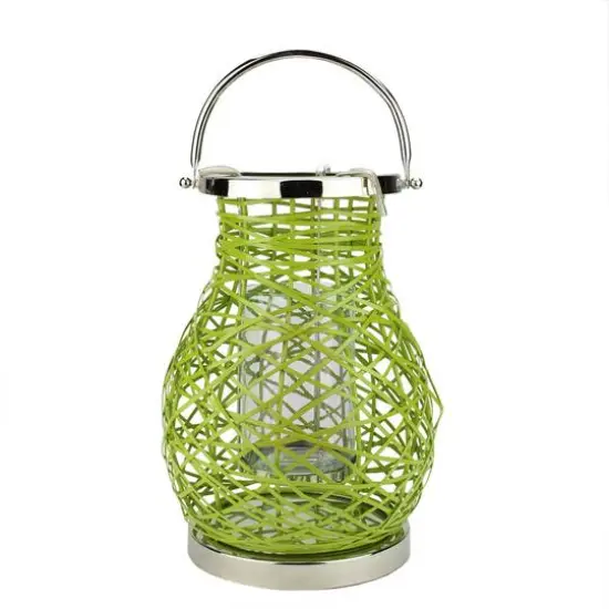 Decorative Woven Iron Pillar Candle Lantern Green {1}