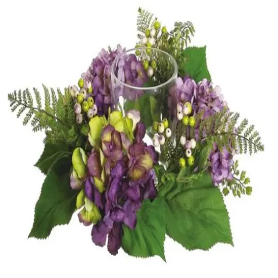 Purple & Green Artificial Hydrangea & Berry Hurricane Glass Candle Holder {1}