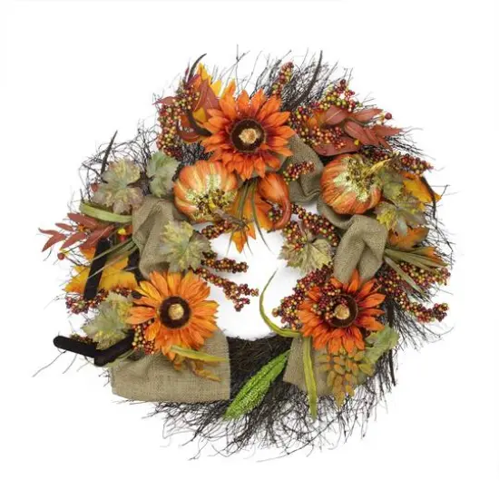 31" Harvest Sunflower & Pumpkin Thanksgiving Wreath, Unlit {1}