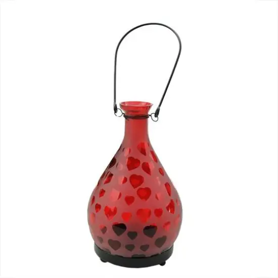 Frosted Hearts Glass Bottle Tea Light Candle Lantern Red {1}