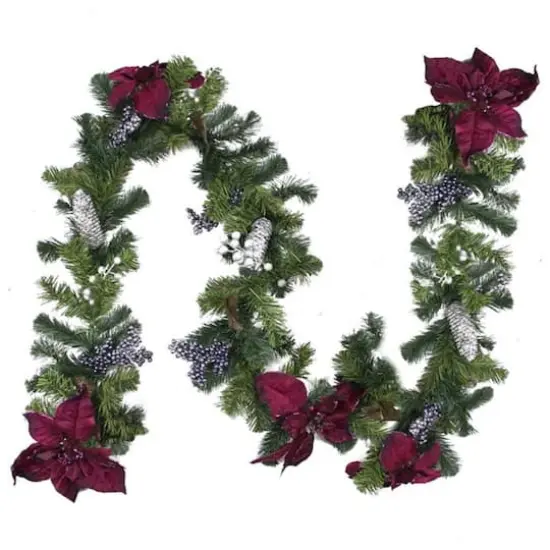 Two-Tone Pine with Purple Poinsettias Berries & Pine Cones Garland, Unlit {1}