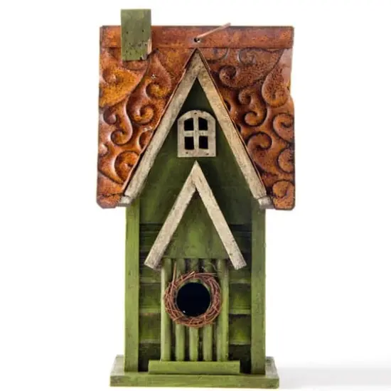 Glitzhome&reg; Tall Distressed Green Wood Bird House {4}