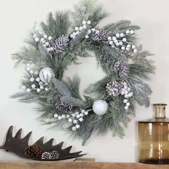 24" Frosted Artificial Mixed Pine and Pine Cone Wreath with Berries, Unlit {5}
