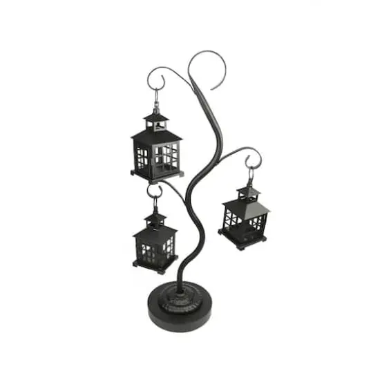 27.25" Black Mission Style Tea Light Holder Tree with 3 Lanterns {1}