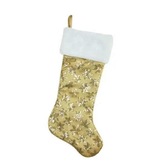 20.5" Sequin Snowflake Stocking with White Faux Fur Cuff, Gold {1}