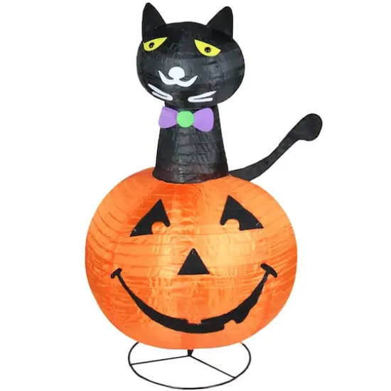 36" Pre-Lit Black Cat In Pumpkin Halloween Outdoor Decoration {1}