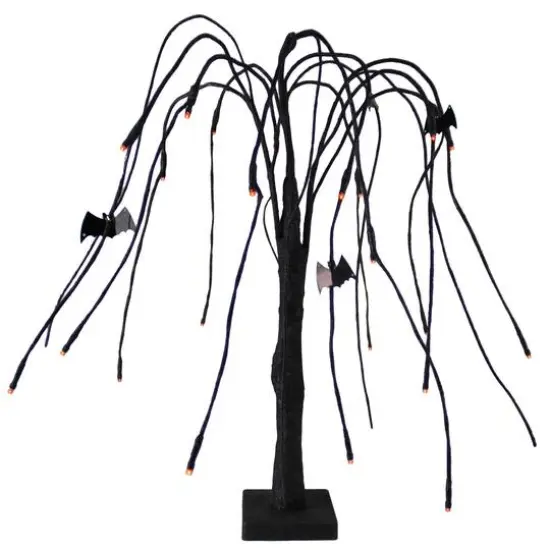 24" Pre-Lit Black Glitter Cascading Willow Artificial Halloween Tree with Bats, Orange LED Lights {1}
