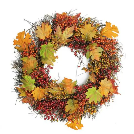 22" Unlit Autumn Harvest Artificial Maple Leaf & Berry Thanksgiving Wreath {1}