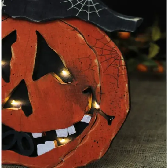 13" LED Standing Wood Pumpkin Halloween Decoration {4}