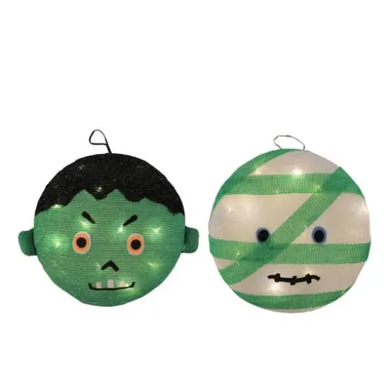 14" LED Mummy & Frankenstein Hanging Outdoor Halloween Decoration Set {1}