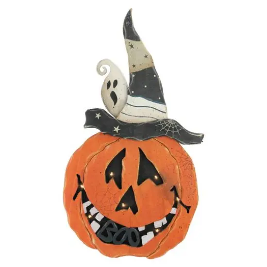 25" LED Standing Wood Pumpkin Halloween Decoration {1}