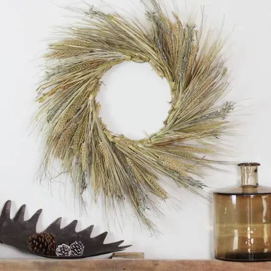 22" Unlit Autumn Harvest Wheat Grass & Grapevine Thanksgiving Fall Wreath {4}