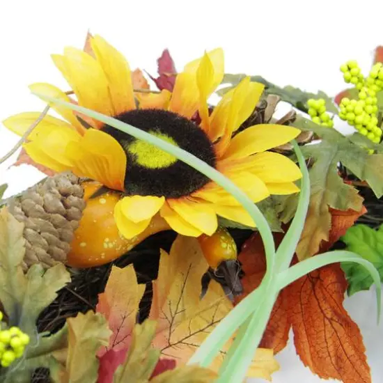 24" Unlit Autumn Mixed Leaf, Flowers, Pine Cones & Pumpkin Artificial Thanksgiving Wreath {3}