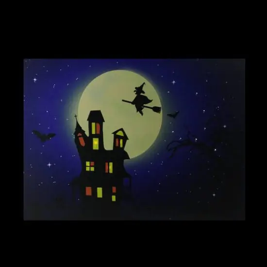 LED Lighted Witch in the Moon Halloween Canvas Wall Art {3}