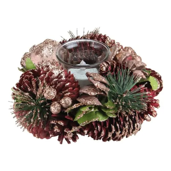 7" Artificial Dusty Rose & Pine Cone Christmas Votive Candle Holder {1}