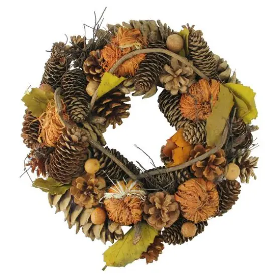 13.25" Unlit Autumn Harvest Artificial Pine Cones & Gourds Thanksgiving Wreath {1}