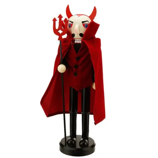 Red Wooden Devil Holding Pitch Fork Halloween Nutcracker {1}