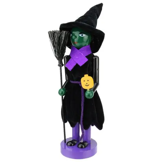 Green Wooden Witch Holding Broom & Jack-O-Lantern Halloween Nutcracker {1}
