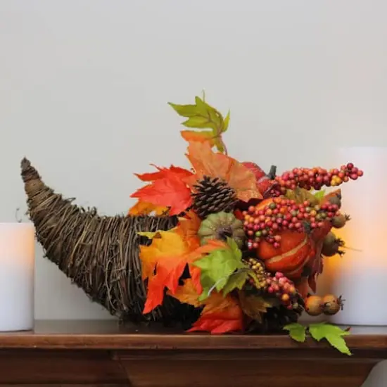 16" Pumpkin & Maple Leaf Grapevine Cornucopia Thanksgiving Decoration {4}