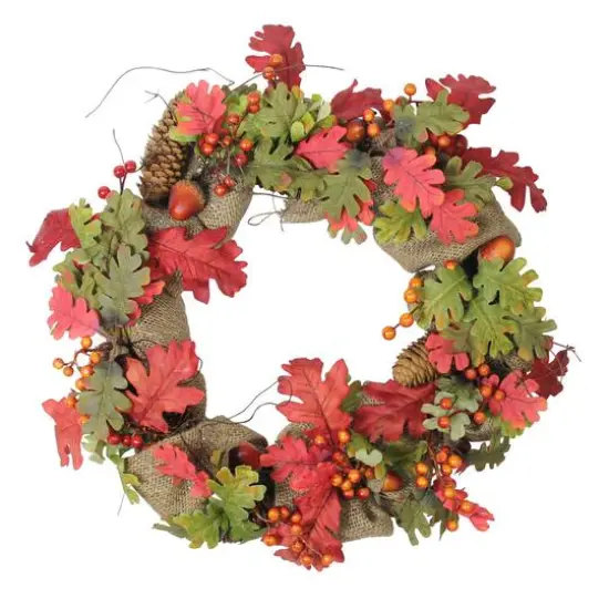 18" Unlit Autumn Harvest Acorn, Berry & Burlap Rustic Thanksgiving Wreath {1}