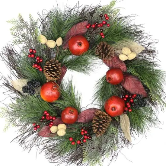 24" Unlit Autumn Harvest Mixed Pine, Berry & Nut Thanksgiving Fall Wreath {1}