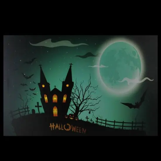 LED Lighted Eerie Church in Cemetery Halloween Canvas Wall Art {4}