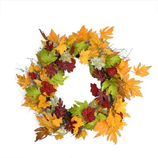 22" Unlit Autumn Harvest Artificial Maple Leaves Thanksgiving Wreath {1}