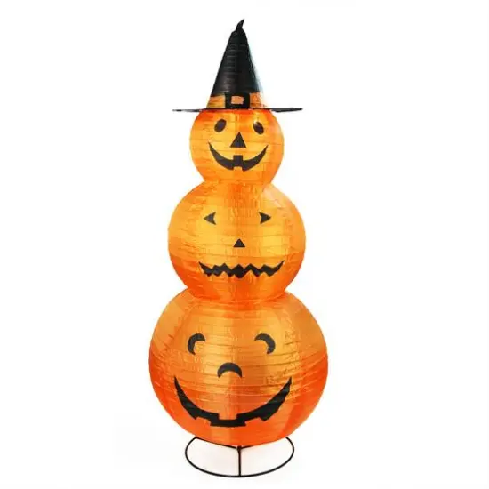 48" Pre-Lit Pumpkins with Witch Hat Halloween Outdoor Decoration {1}