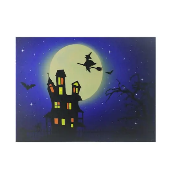 LED Lighted Witch in the Moon Halloween Canvas Wall Art {1}