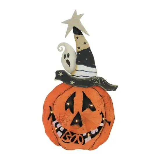 18.75" LED Standing Wood Pumpkin Halloween Decoration {1}