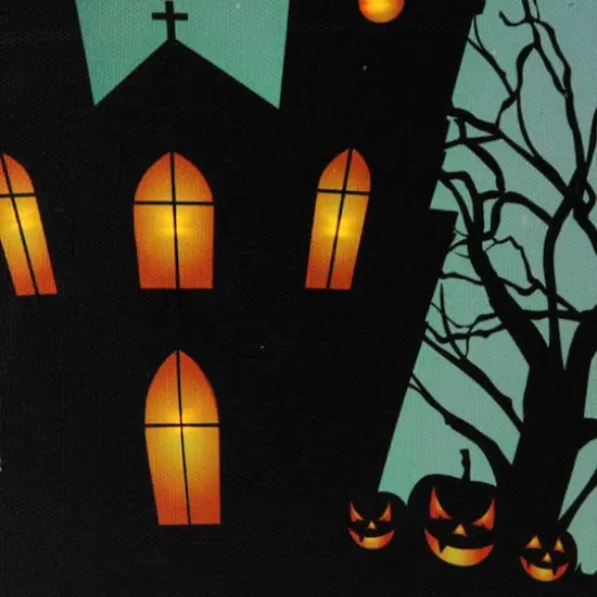 LED Lighted Eerie Church in Cemetery Halloween Canvas Wall Art {3}